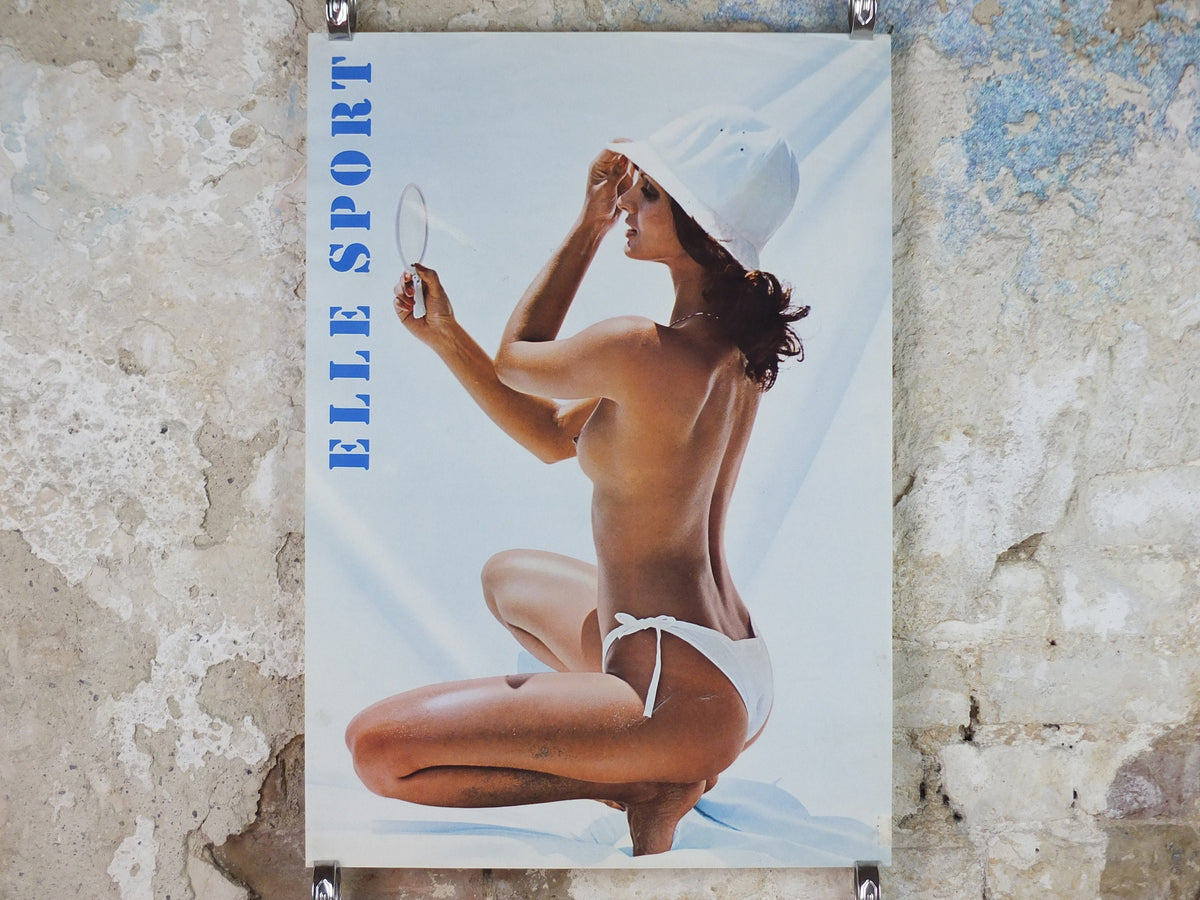 1980s Elle Sport rare Poster, beach and swimwear, gym and sports equipment, bikini and hat, fashion label, advertising retro wall art decor
