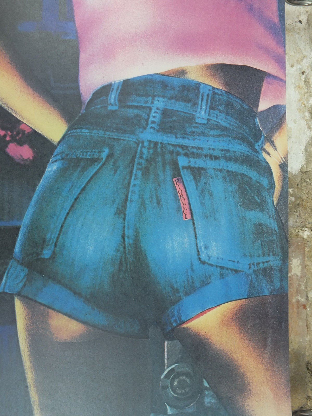 1980s Fiorucci rare Poster, Love me Tender, by E. Van Hees, cut off jeans, Italian fashion label, attitude advertising retro wall art decor