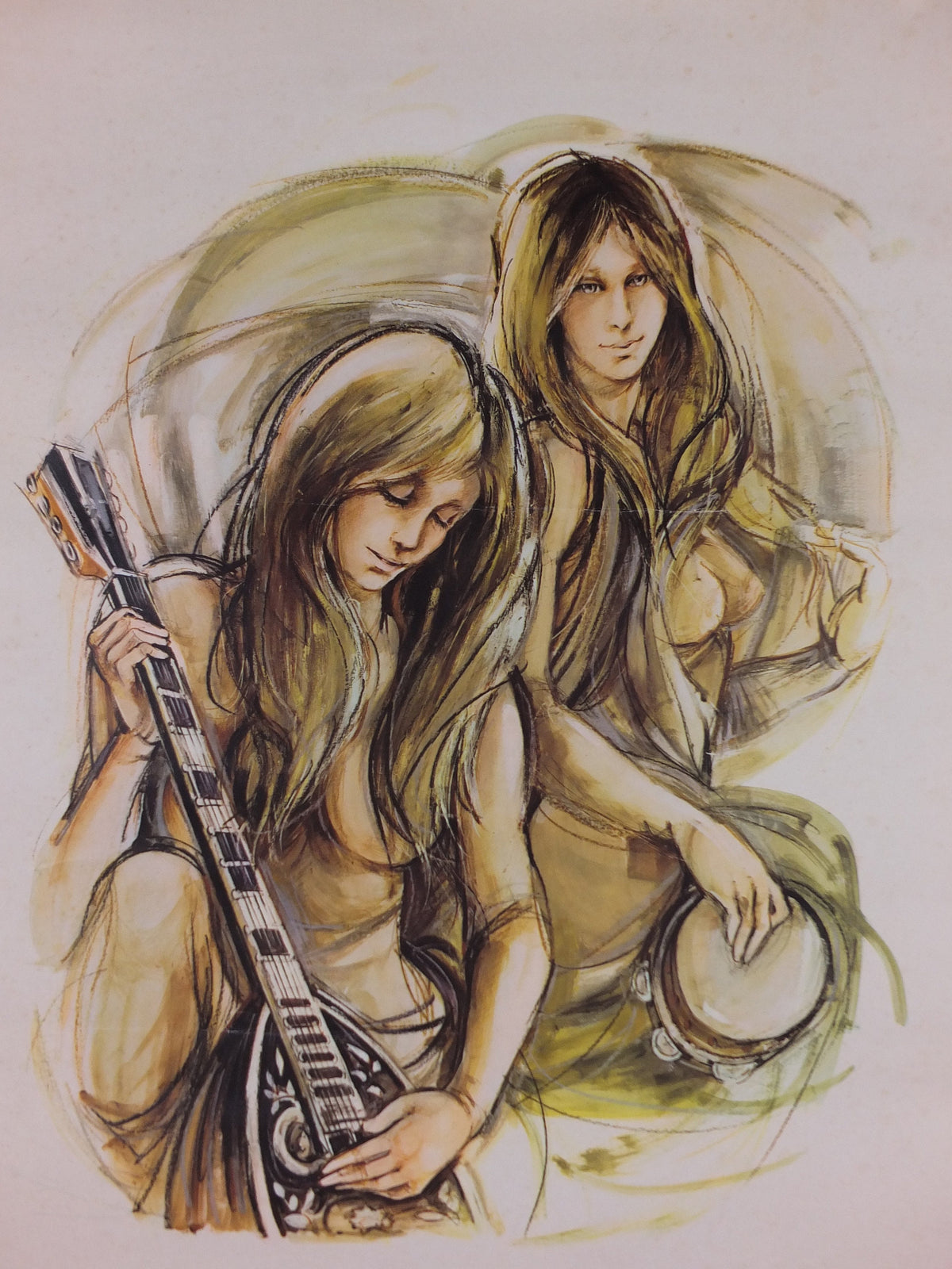 1970s Mandolin and Tambourine Musicians Poster, by A Bergmann, French, Chanson a deux, music wall art decor