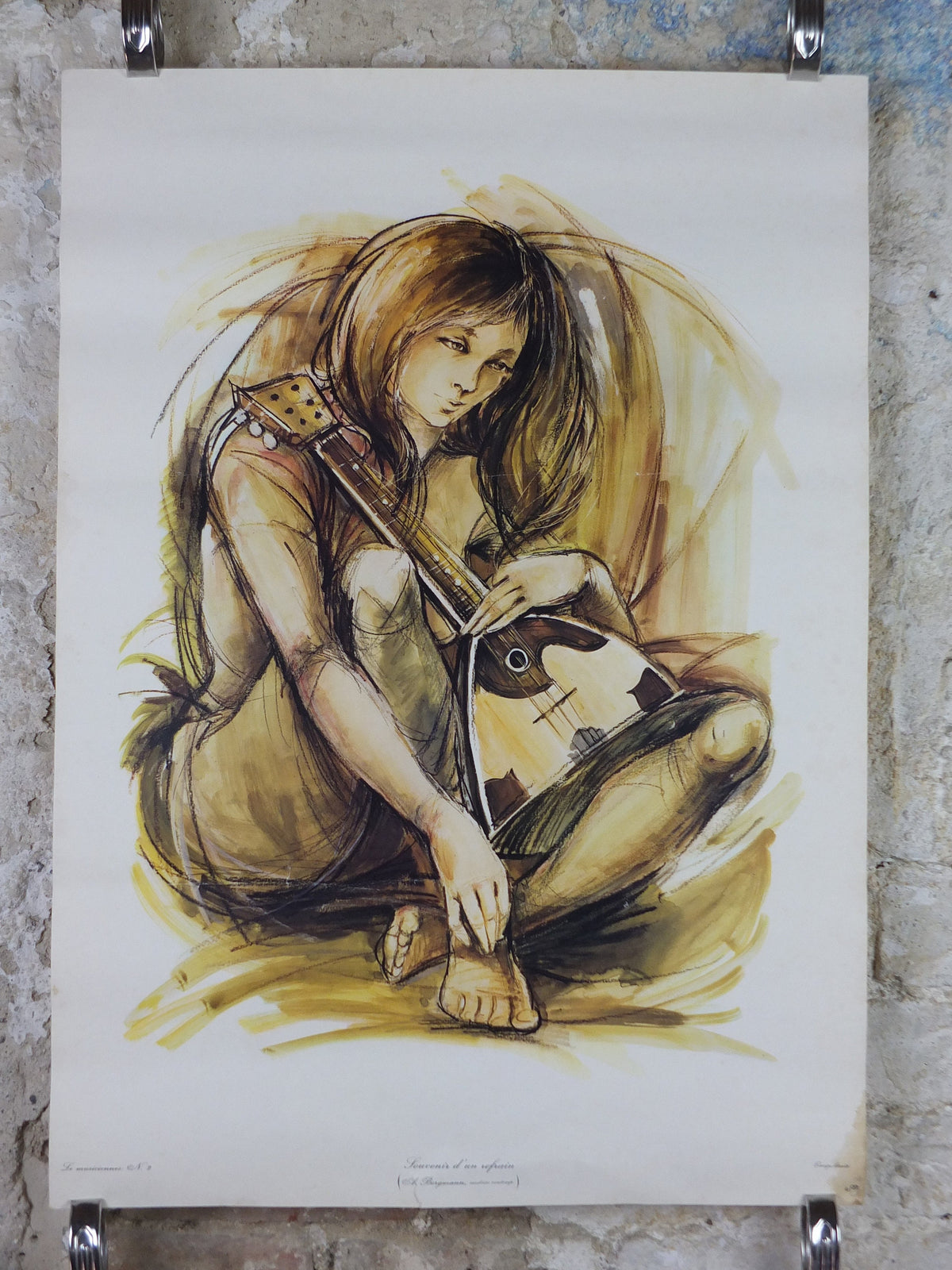 1970s Mandolin Musician Poster, by A Bergmann, French,  souvenir d'un refrain, memory of a chorus, music wall art decor