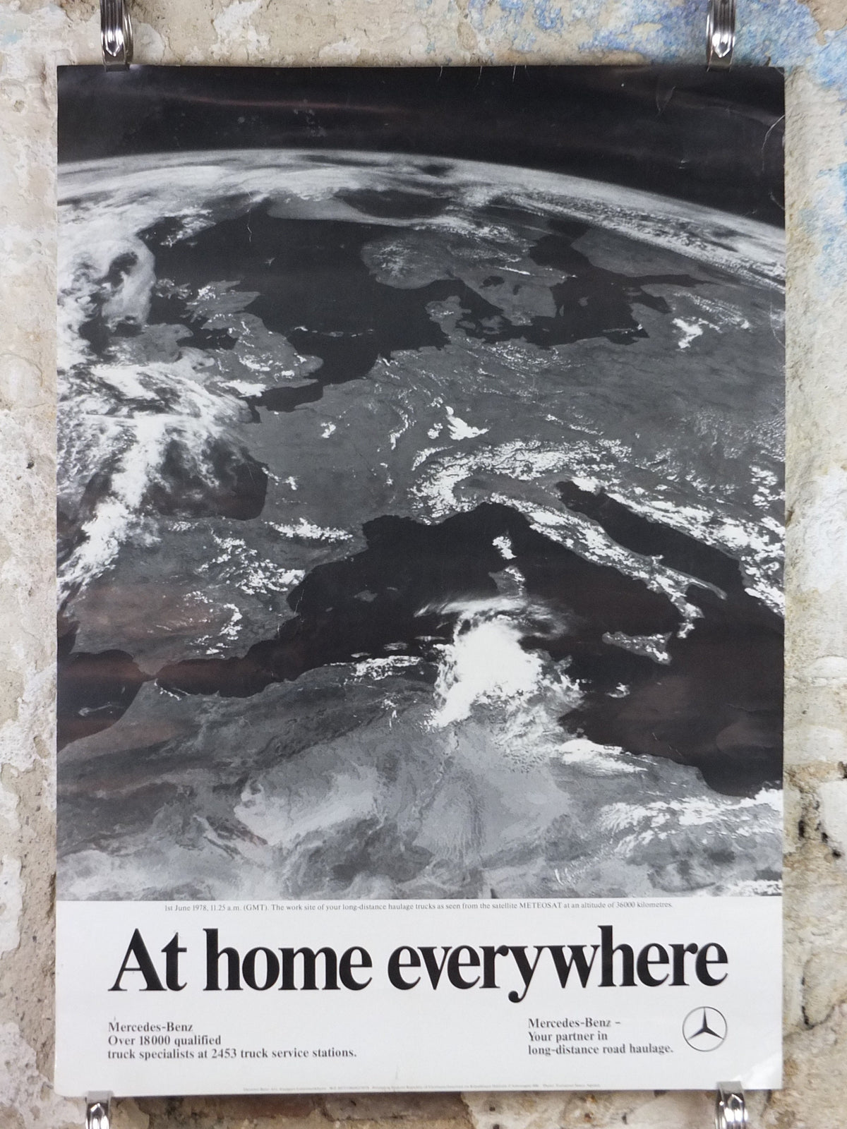 1978 Mercedes Benz Poster, Trucking and Haulage, METEOSAT satellite image of Europe, Daimler-Benz, Advertising wall art decor