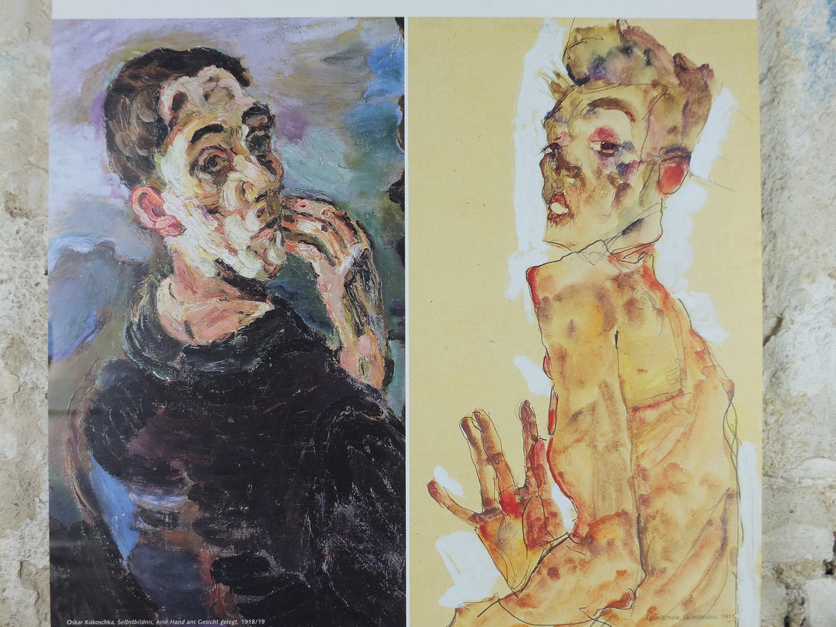2001 Egon Schiele and Oskar Kokoschka Poster, self portraits 1919 1911, one hand to face, Expressionism gallery exhibition, wall art decor
