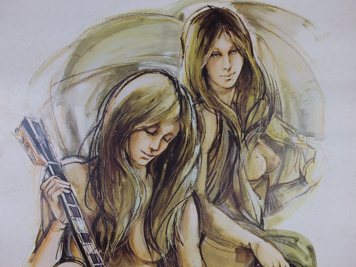 1970s Mandolin and Tambourine Musicians Poster, by A Bergmann, French, Chanson a deux, music wall art decor