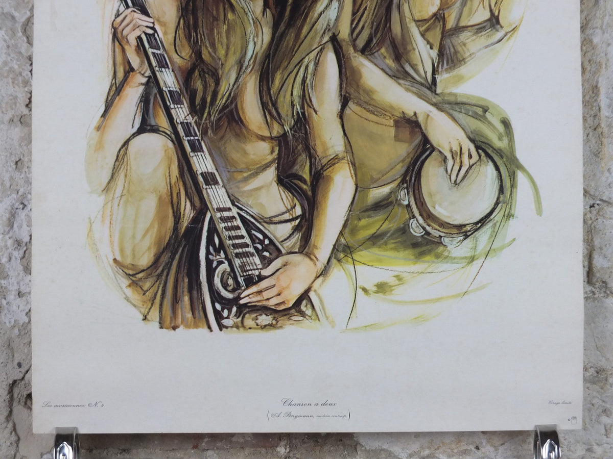 1970s Mandolin and Tambourine Musicians Poster, by A Bergmann, French, Chanson a deux, music wall art decor