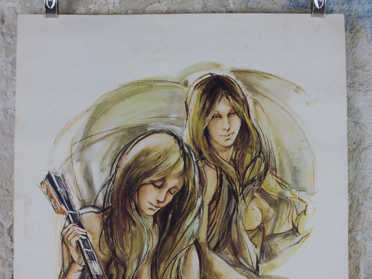 1970s Mandolin and Tambourine Musicians Poster, by A Bergmann, French, Chanson a deux, music wall art decor