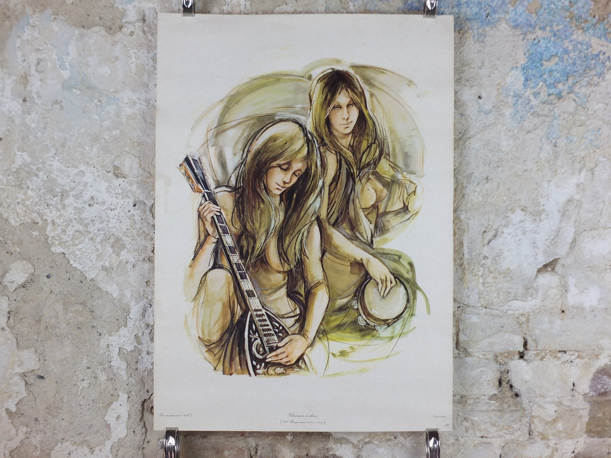 1970s Mandolin and Tambourine Musicians Poster, by A Bergmann, French, Chanson a deux, music wall art decor