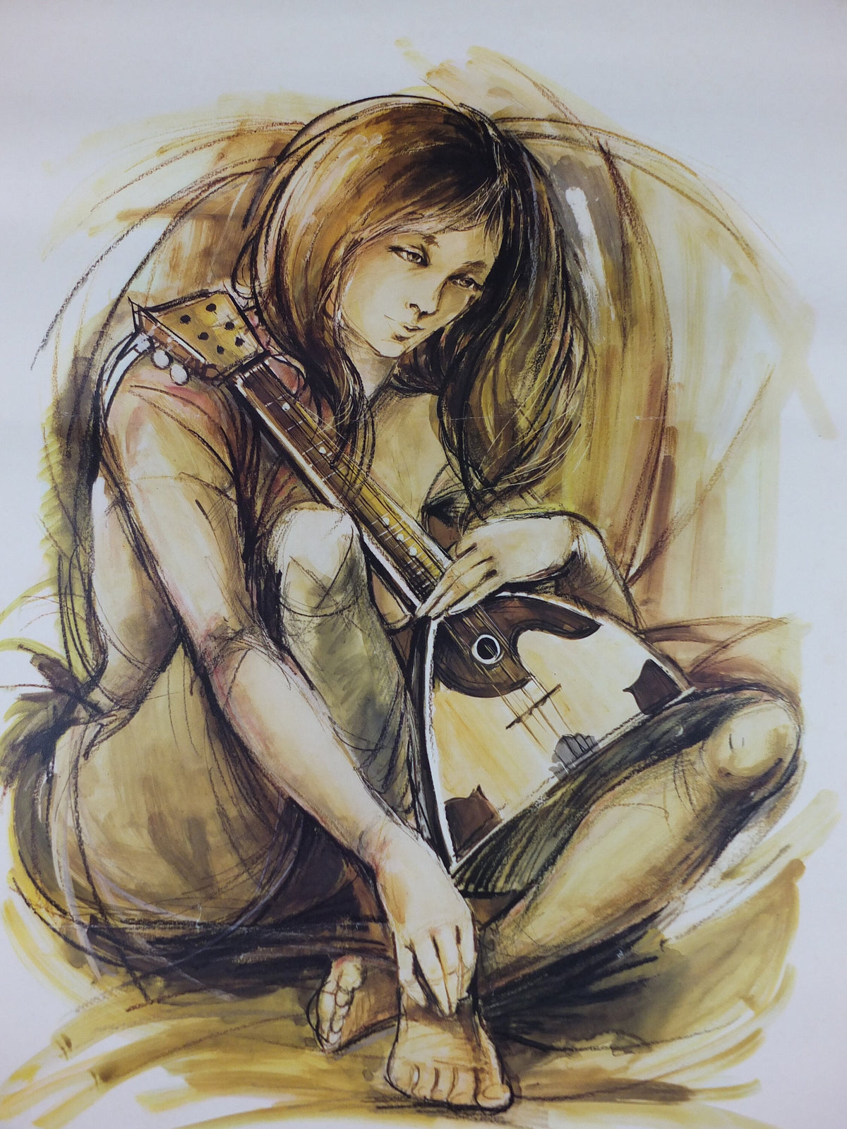 1970s Mandolin Musician Poster, by A Bergmann, French, souvenir d'un refrain, memory of a chorus, music wall art decor