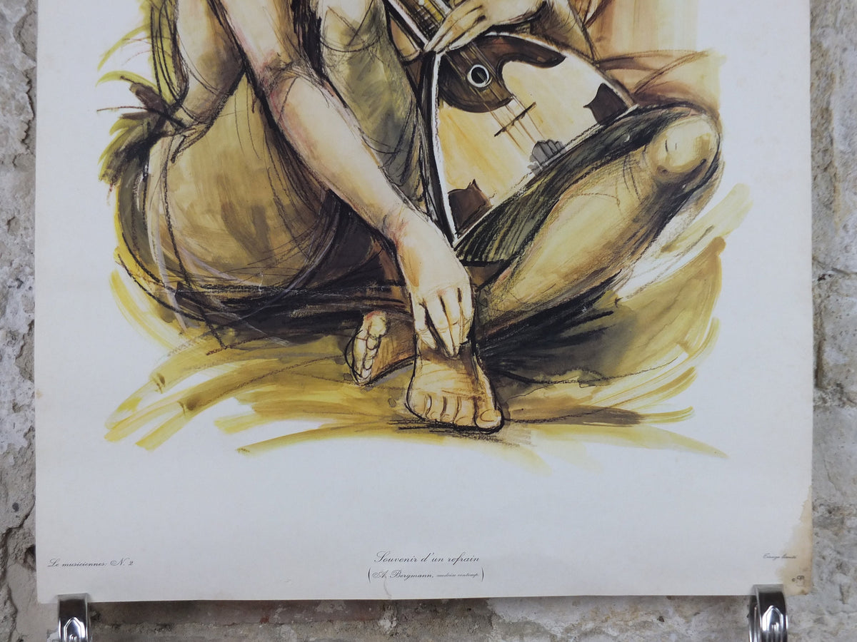 1970s Mandolin Musician Poster, by A Bergmann, French, souvenir d'un refrain, memory of a chorus, music wall art decor
