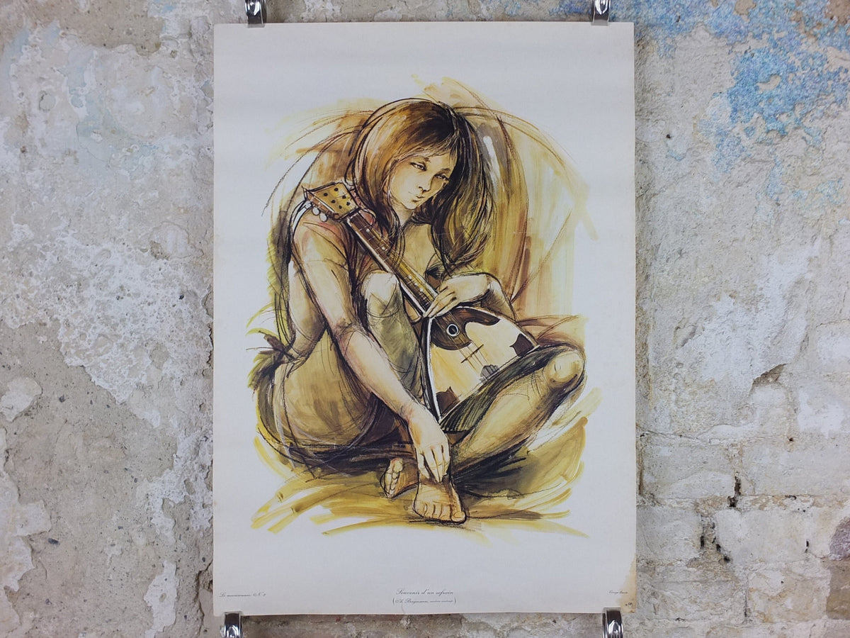 1970s Mandolin Musician Poster, by A Bergmann, French, souvenir d'un refrain, memory of a chorus, music wall art decor