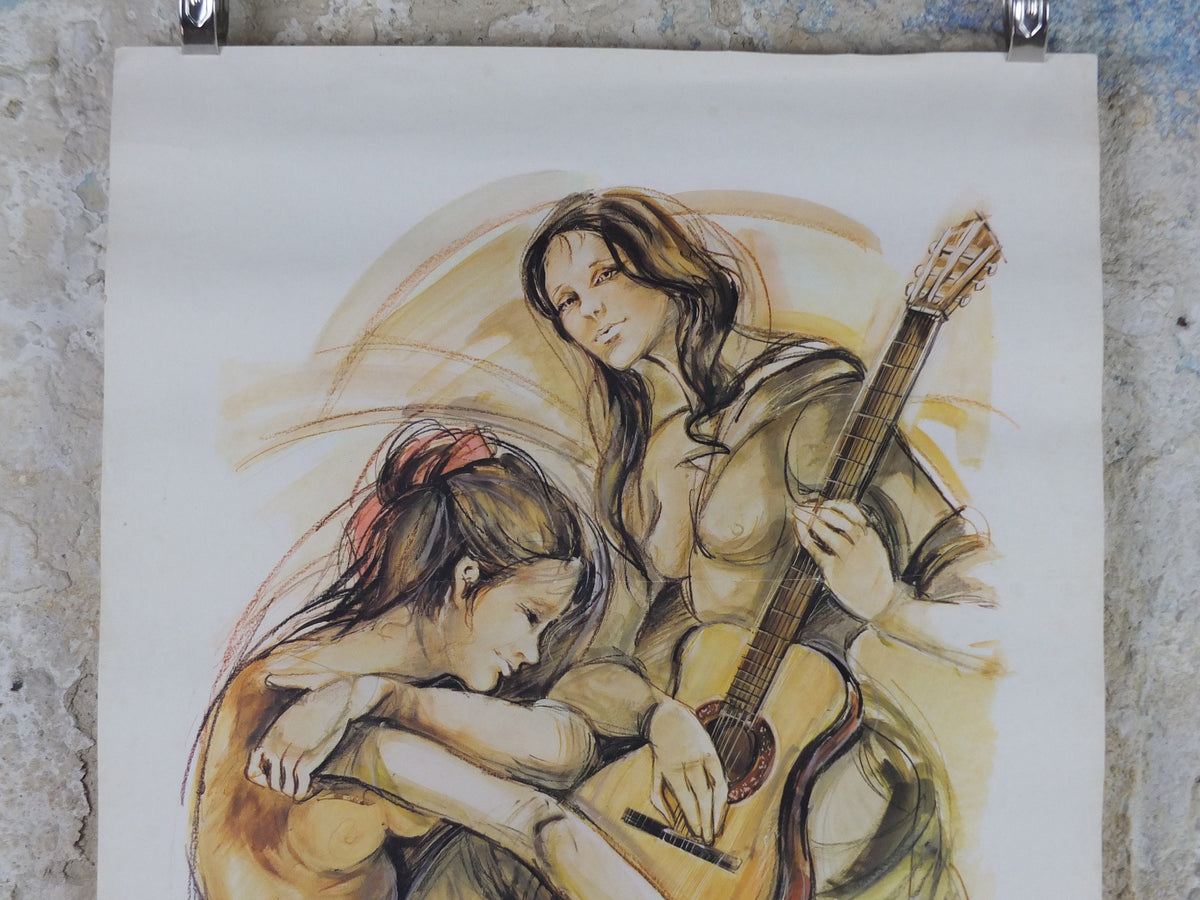 1970s Guitar and Vocalist Musicians Poster, by A Bergmann, French, Prelude singing, music wall art decor