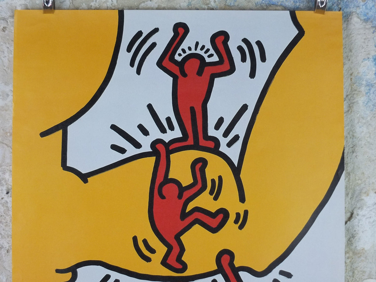 2003 Keith Haring Poster, Strength, three red men climbing over a yellow bicep, Kunstmuseum Heidenheim. Pop Art, Street, wall art decor