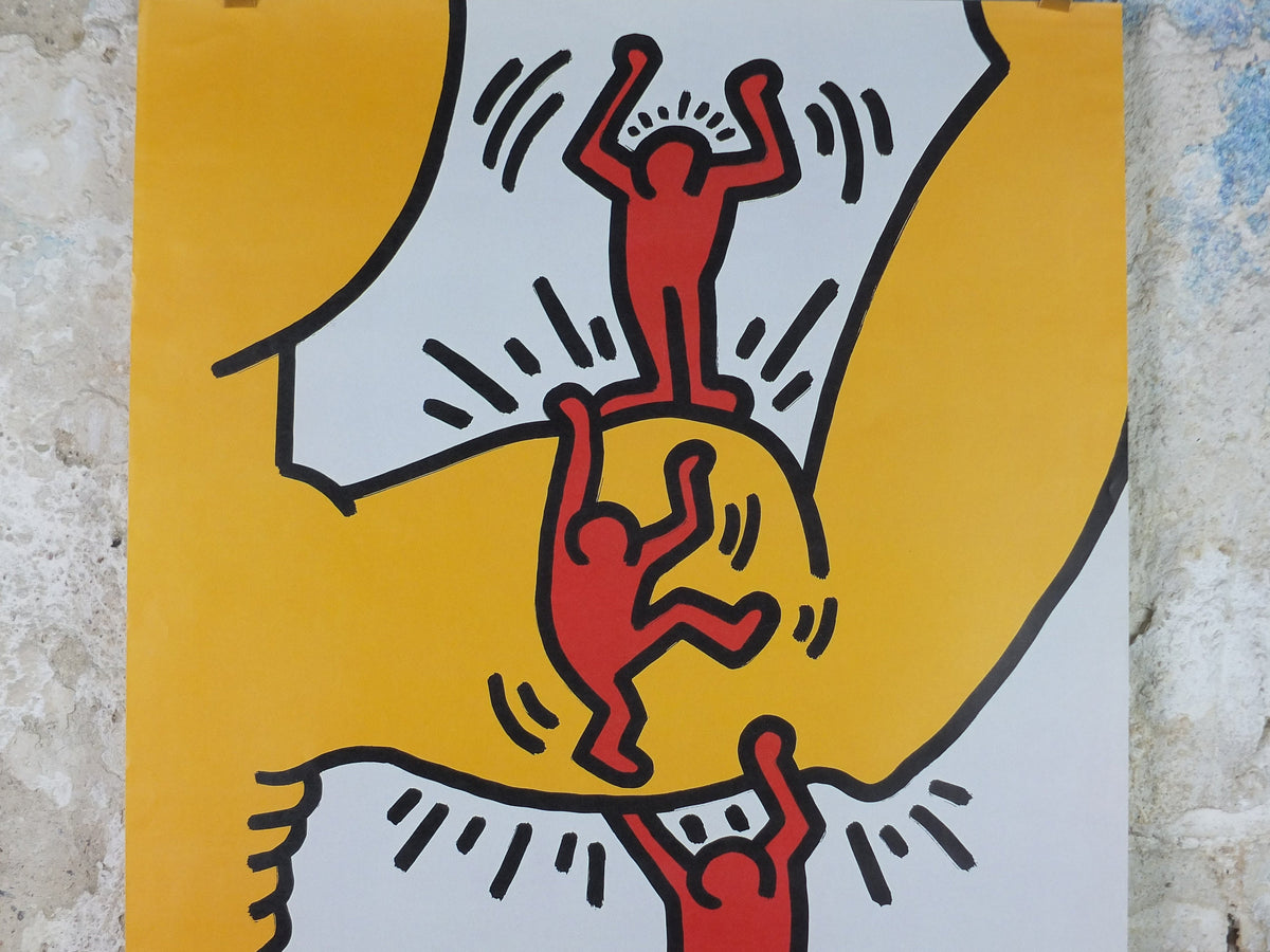 2003 Keith Haring Poster, Strength, three red men climbing over a yellow bicep, Kunstmuseum Heidenheim. Pop Art, Street, wall art decor