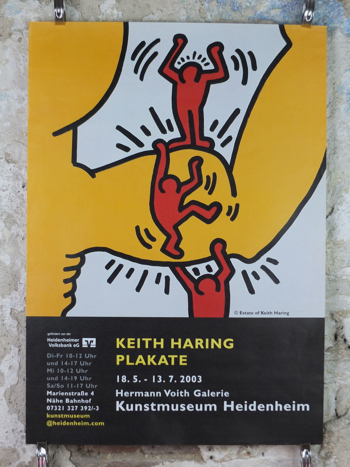 2003 Keith Haring Poster, Strength, three red men climbing over a yellow bicep, Kunstmuseum Heidenheim. Pop Art, Street, wall art decor