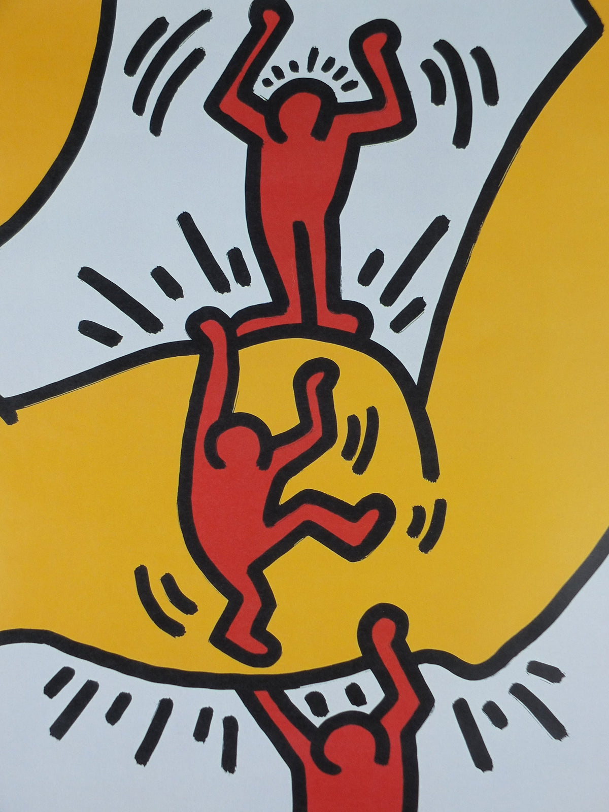 2003 Keith Haring Poster, Strength, three red men climbing over a yellow bicep, Kunstmuseum Heidenheim. Pop Art, Street, wall art decor
