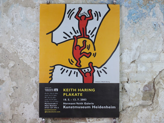 2003 Keith Haring Poster, Strength, three red men climbing over a yellow bicep, Kunstmuseum Heidenheim. Pop Art, Street, wall art decor