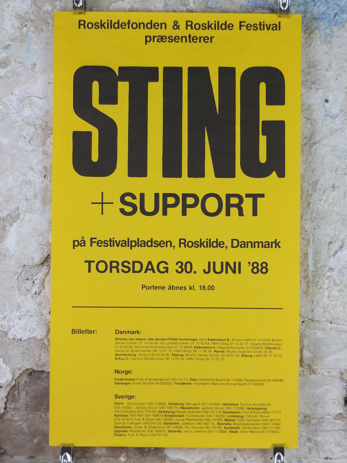 1988 Sting Poster, from the Roskilde Music Festival in Denmark, Police, rock, jazz, reggae, classical, new age, band music, wall art decor in bold yellow and black