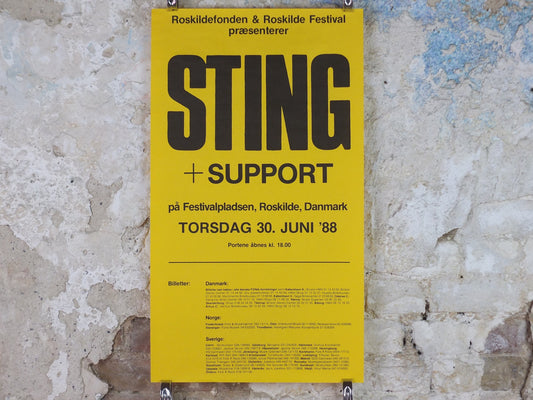 1988 Sting Poster, from the Roskilde Music Festival in Denmark, Police, rock, jazz, reggae, classical, new age, band music, wall art decor