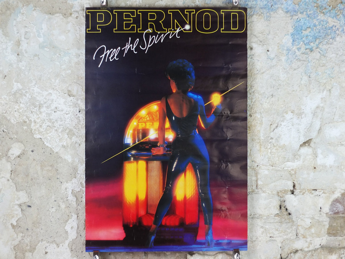 1980s Pernod Poster, Free the Spirit, Woman at Jukebox, apéritif pastis France, alcoholic drink, advertising print wall art decor
