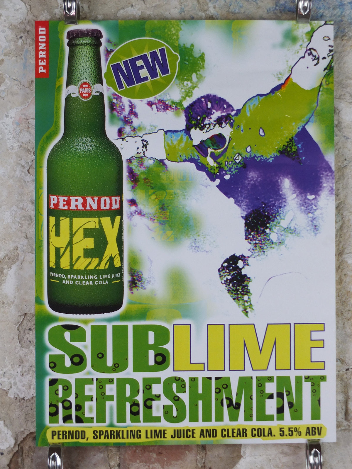 1990s Pernod Hex Poster, Alcopops, Snowboarder, Sublime refreshment, lime cola alcoholic drink, advertising print wall art decor