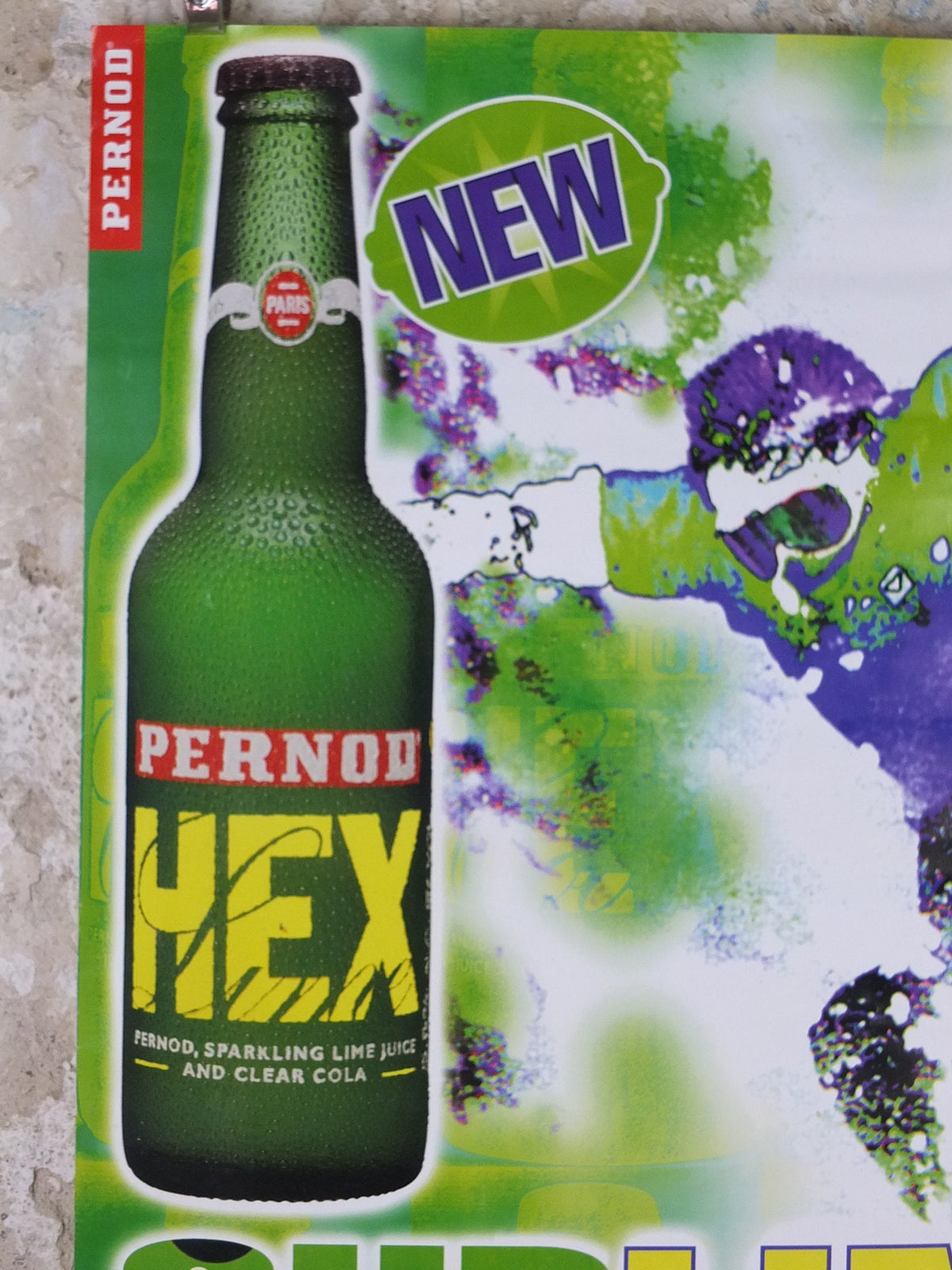 1990s Pernod Hex Poster, Alcopops, Snowboarder, Sublime refreshment, lime cola alcoholic drink, advertising print wall art decor
