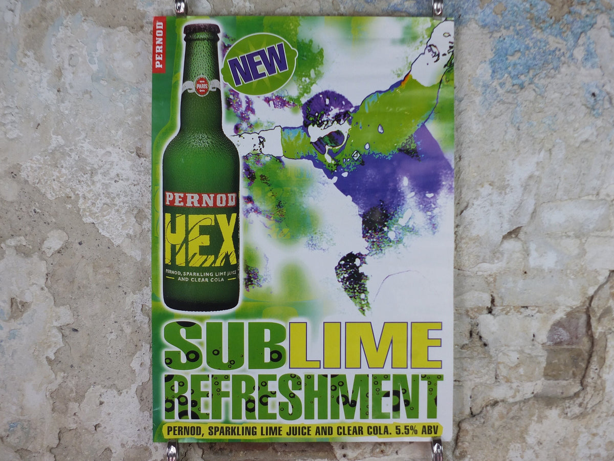 1990s Pernod Hex Poster, Alcopops, Snowboarder, Sublime refreshment, lime cola alcoholic drink, advertising print wall art decor