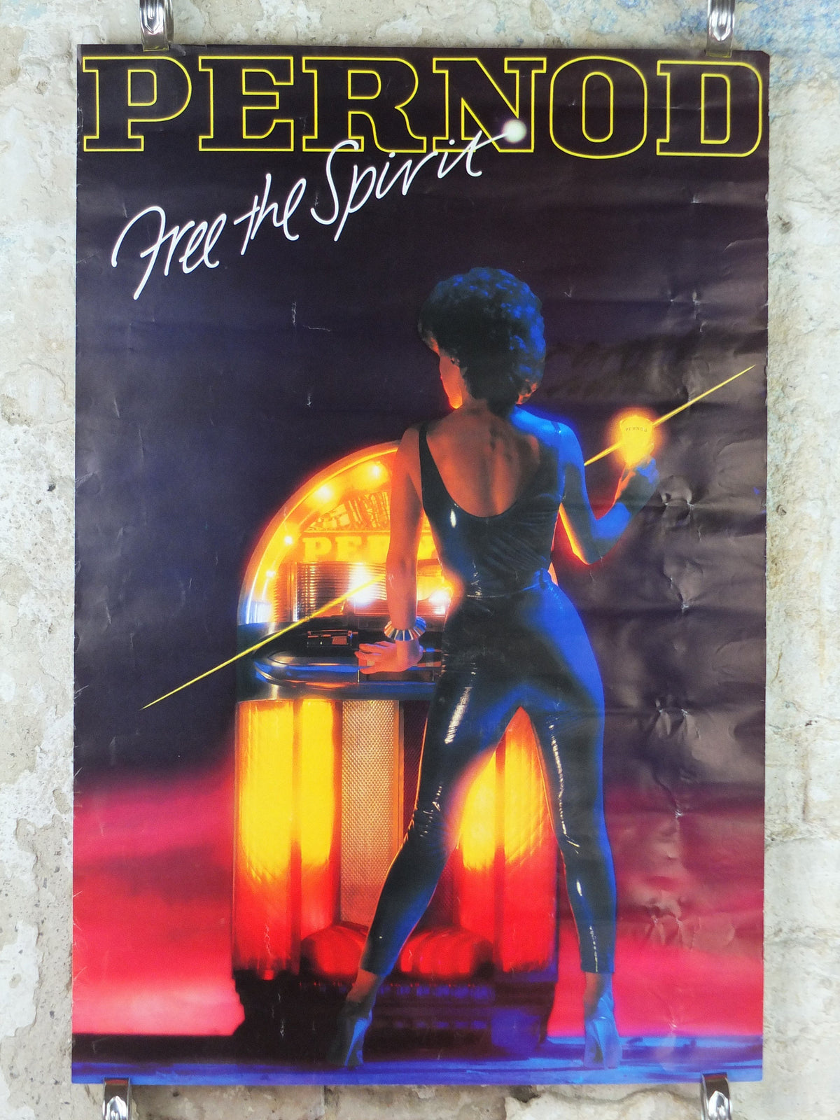 1980s Pernod Poster, Free the Spirit, Woman at Jukebox, apéritif pastis Marseille, , alcoholic drink, advertising print wall art decor