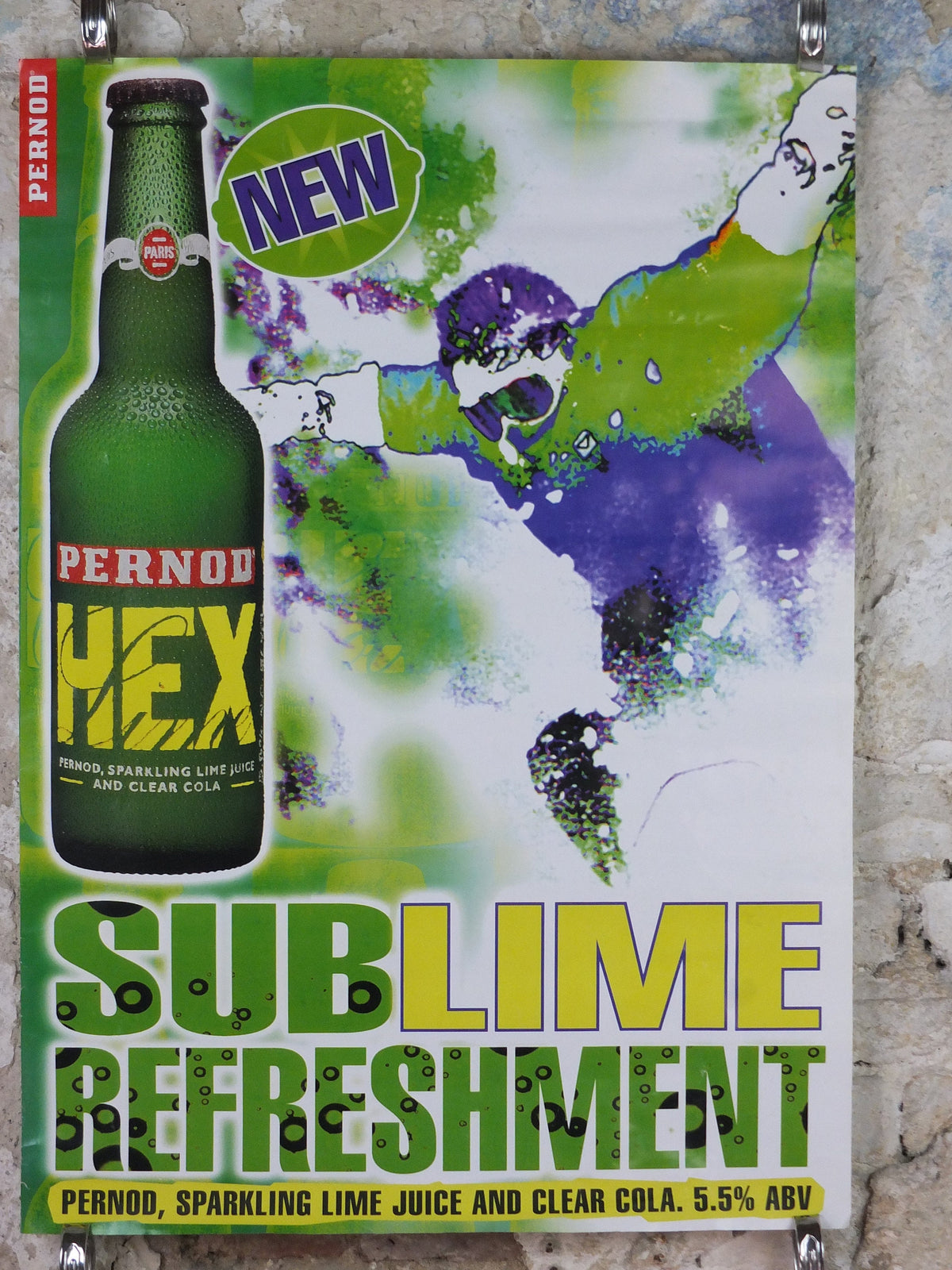 1990s Pernod Hex Poster, Alcopops, Snowboarder, Sublime refreshment, lime cola alcoholic drink, advertising print wall art decor
