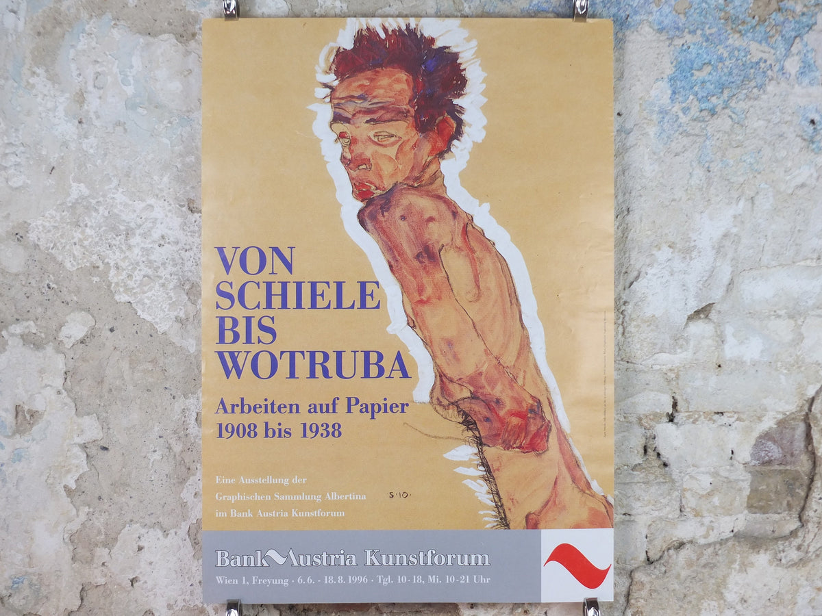 1996 Egon Schiele, leaning "Self portrait" Nude 1910, Bank Austria Kunstforum Wien, Expressionism gallery exhibition, wall art decor