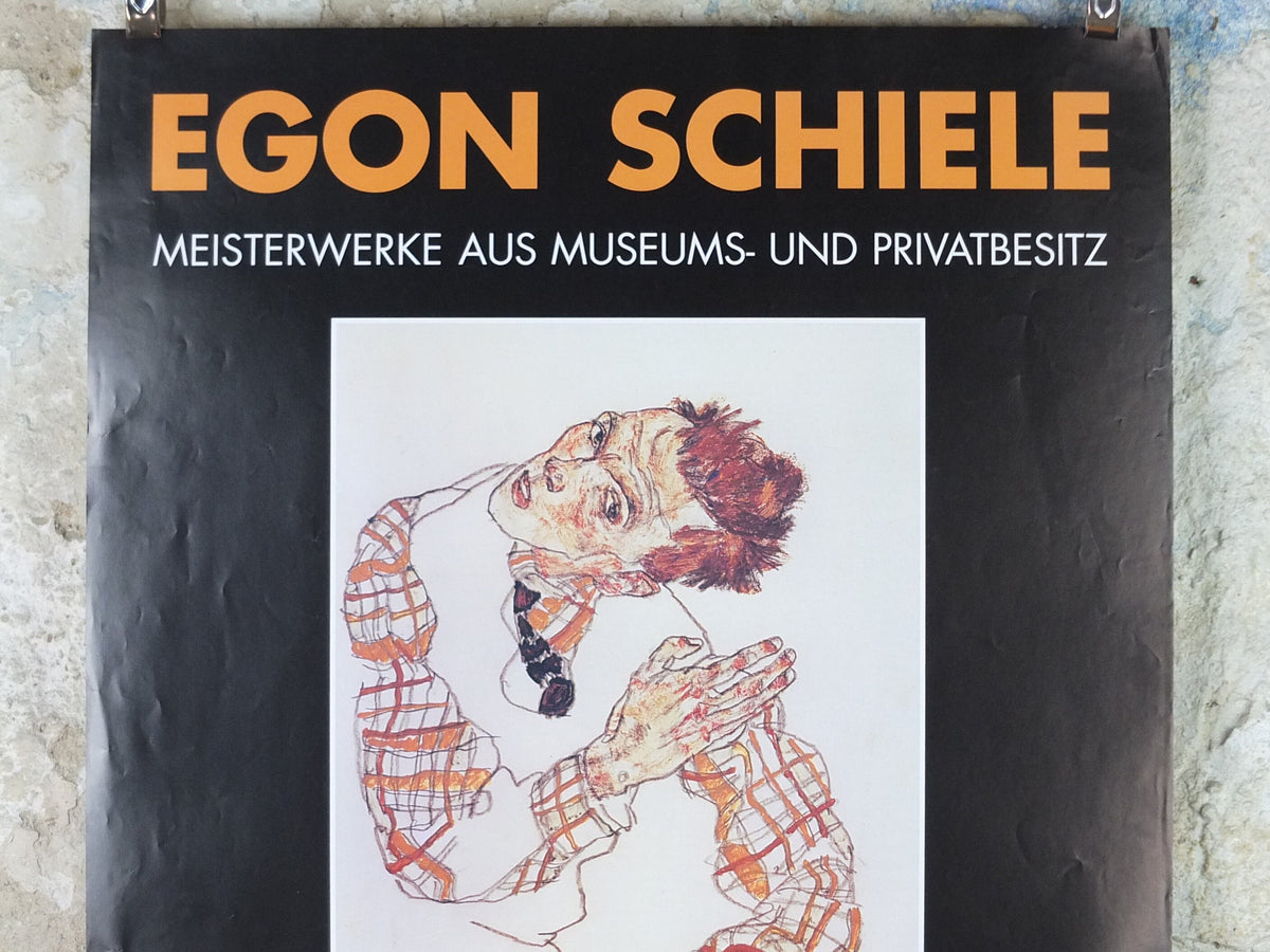 1998 Egon Schiele, leaning "Self portrait in checkered shirt" 1917, Egon Schiele Museum, Expressionism gallery exhibition, wall art decor