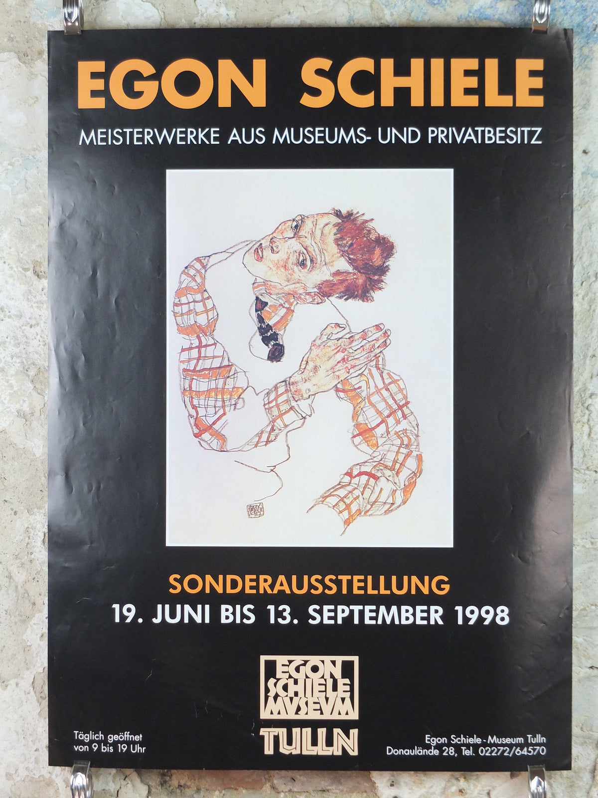 1998 Egon Schiele, leaning "Self portrait in checkered shirt" 1917,  Egon Schiele Museum, Expressionism gallery exhibition, wall art decor