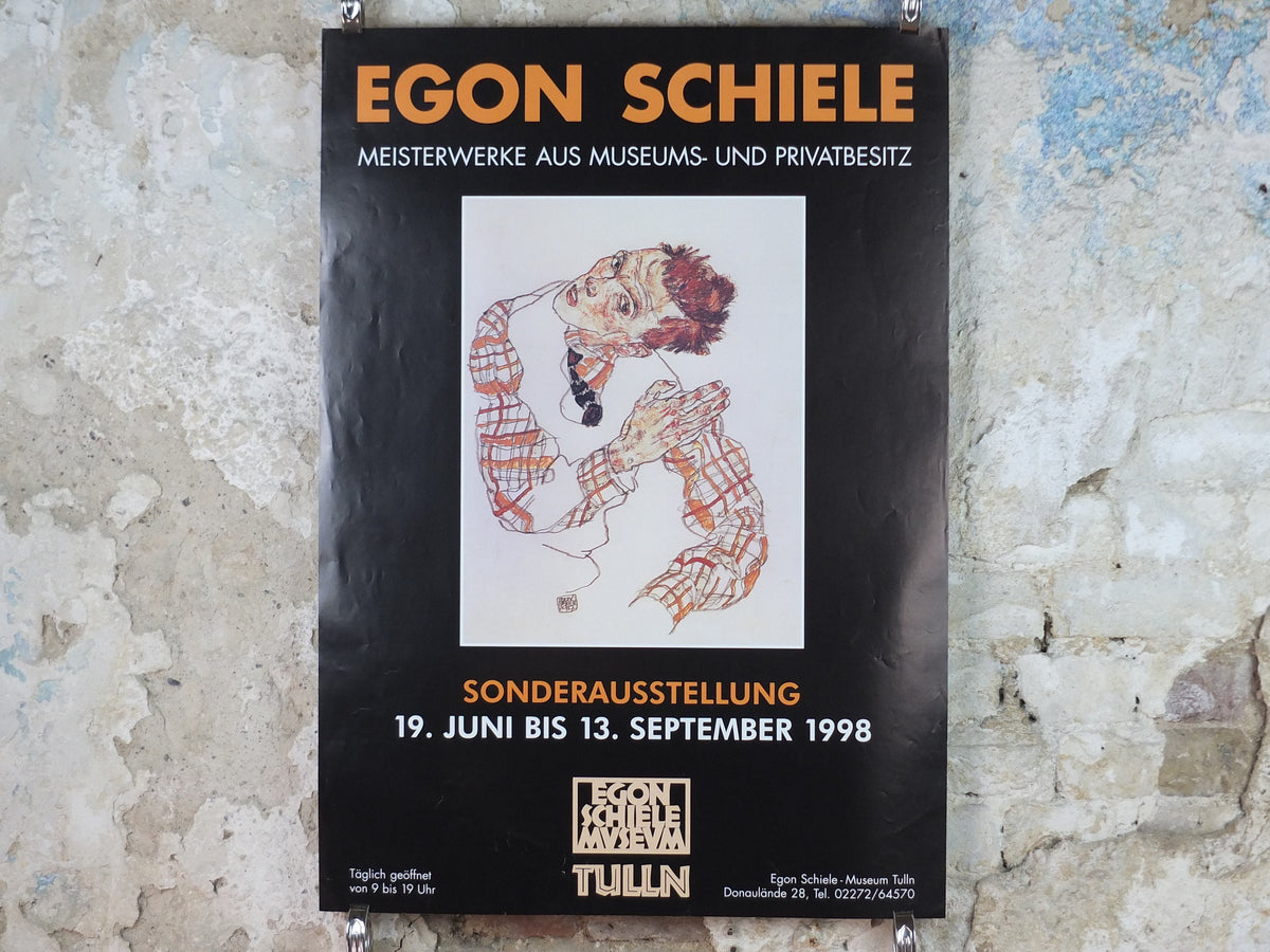1998 Egon Schiele, leaning "Self portrait in checkered shirt" 1917, Egon Schiele Museum, Expressionism gallery exhibition, wall art decor