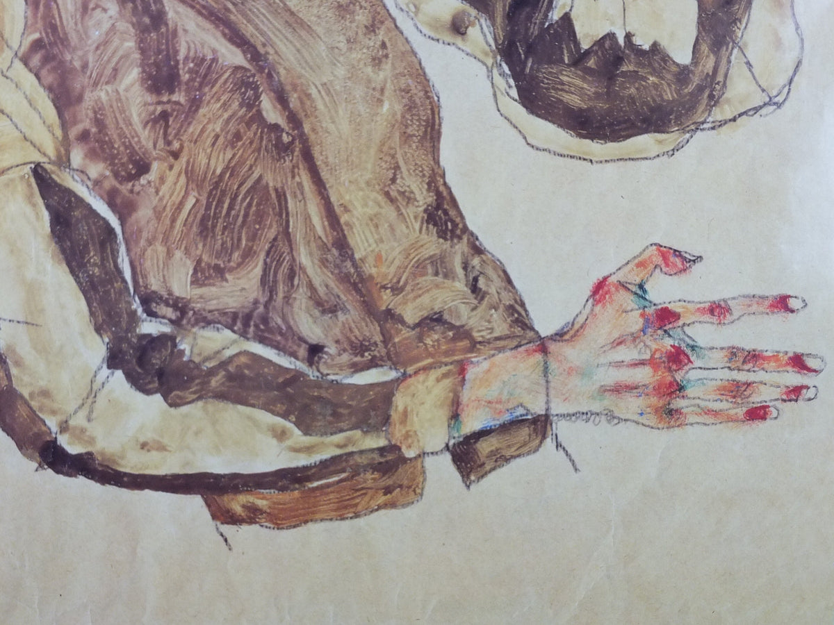 1998 Egon Schiele, leaning "Self portrait with striped sleeves" 1915, Leopold Museum Wien, Expressionism gallery exhibition, wall art decor