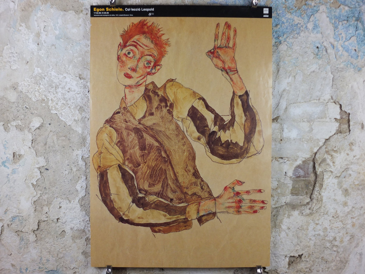 1998 Egon Schiele, leaning "Self portrait with striped sleeves" 1915, Leopold Museum Wien, Expressionism gallery exhibition, wall art decor