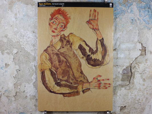 1998 Egon Schiele, leaning "Self portrait with striped sleeves" 1915, Leopold Museum Wien, Expressionism gallery exhibition, wall art decor