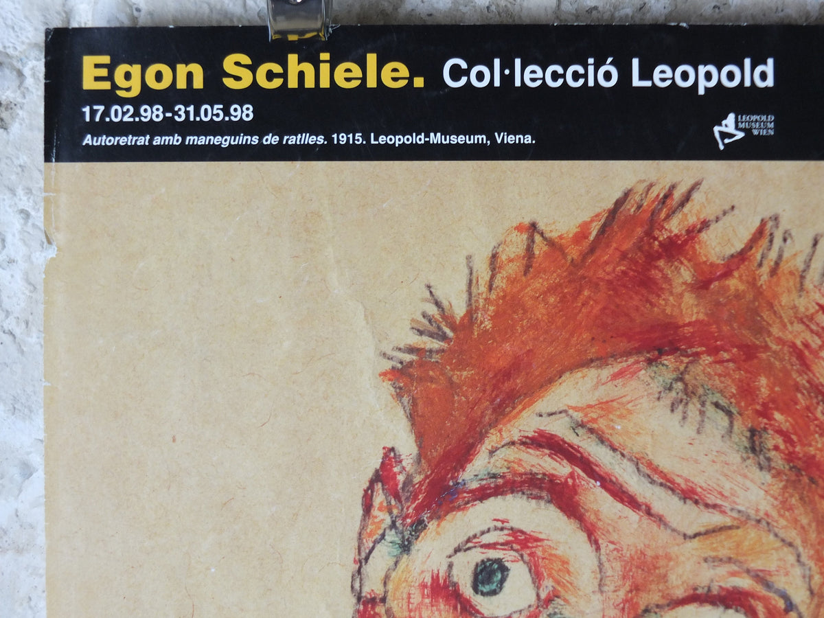 1998 Egon Schiele, leaning "Self portrait with striped sleeves" 1915, Leopold Museum Wien, Expressionism gallery exhibition, wall art decor