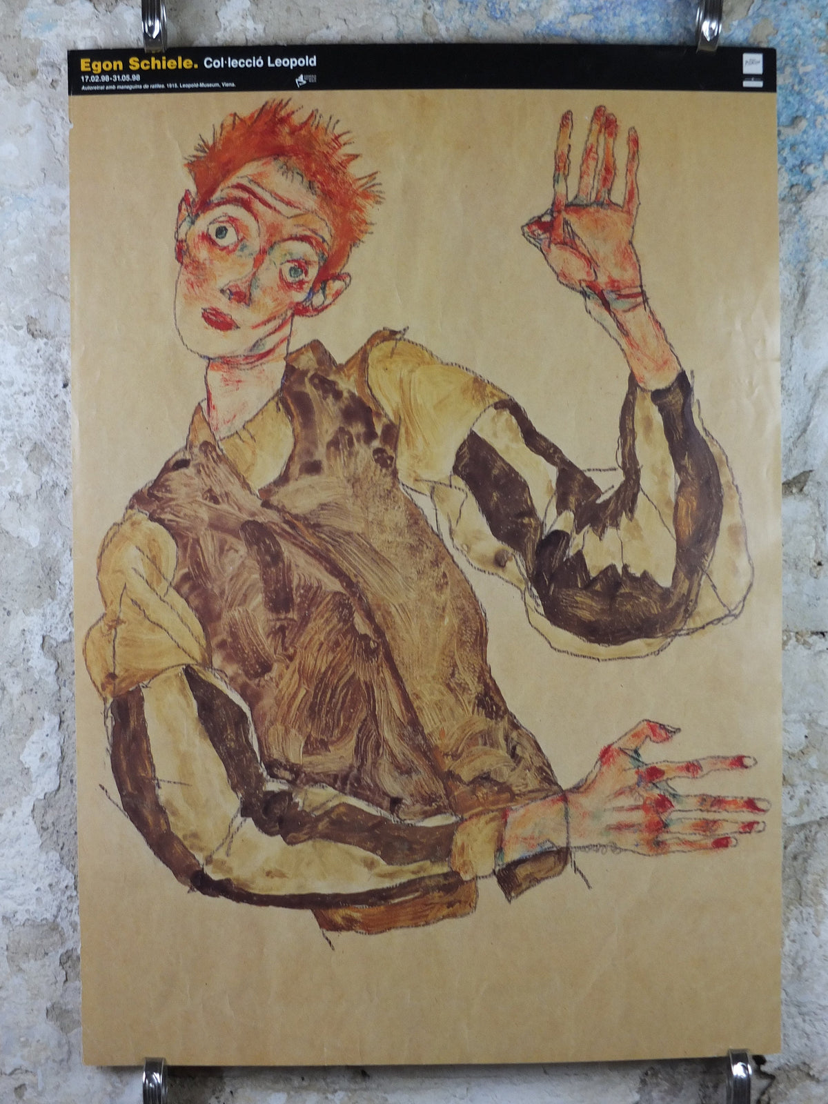 1998 Egon Schiele, leaning "Self portrait with striped sleeves" 1915,  Leopold Museum Wien, Expressionism gallery exhibition, wall art decor