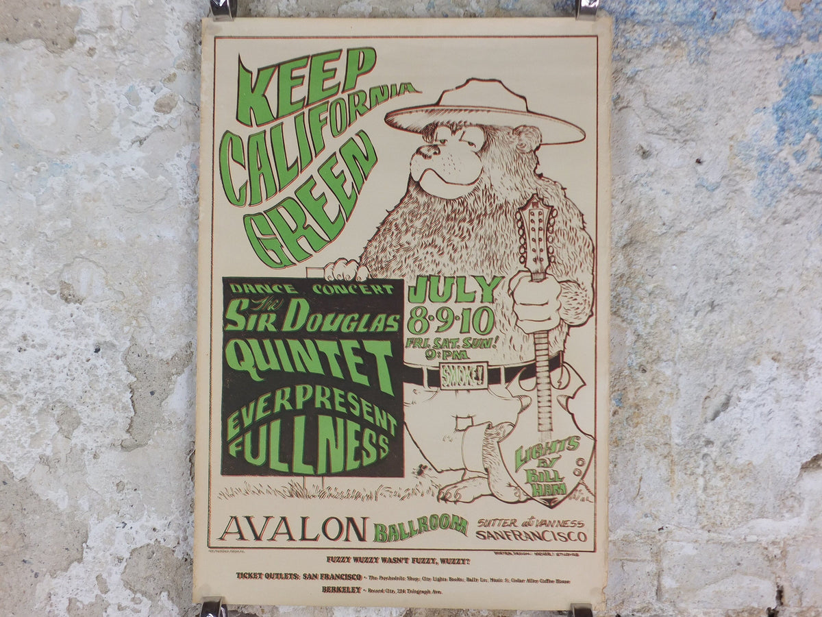 1966 Keep California Green / Sir Douglas Quintet and Everpresent Fullness Poster Avalon Ballroom Psychedelic folk rock music, wall art decor