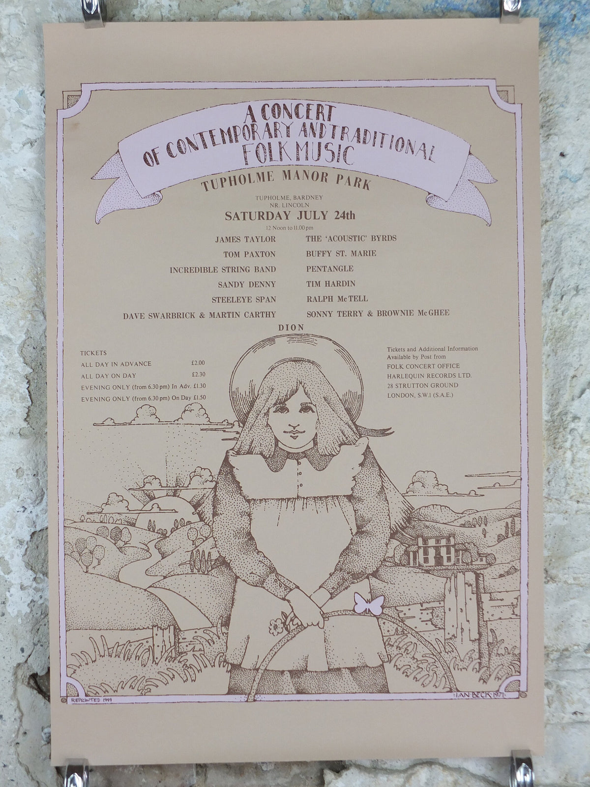 1971 Folk Music at Tupholme Park Poster, 1999 reprint, by Ian Beck, James Taylor, The Byrds,  Psychedelic folk rock music, wall art decor