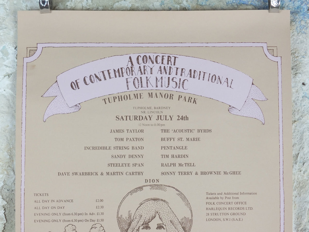 1971 Folk Music at Tupholme Manor Park Poster, 1999 reprint, by Ian Beck, James Taylor, The Byrds, Psychedelic rock music, wall art decor