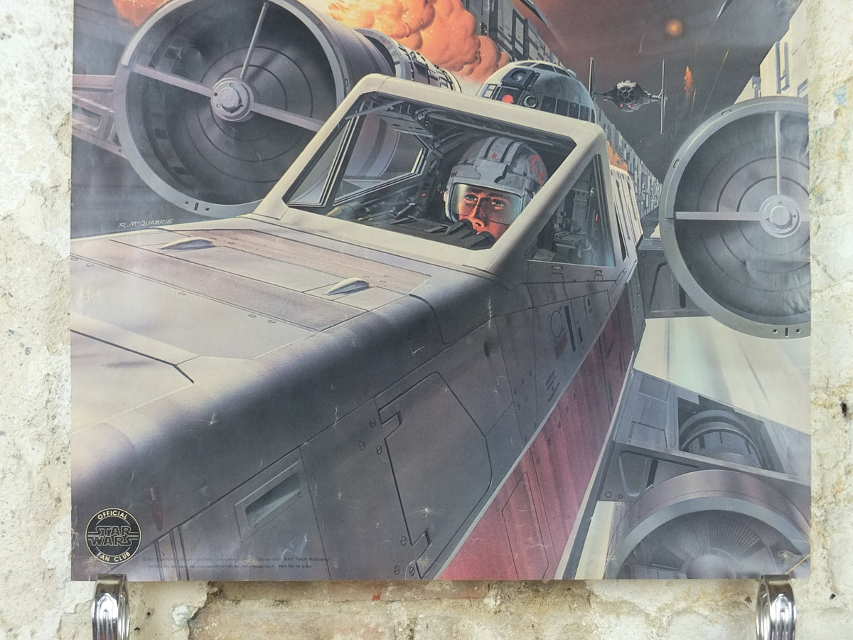 1977 Star Wars Poster, Death Star Trench attack run, Original Star Wars Fan Club, by Ralph McQuarrie, Luke Skywalker, wall art decor