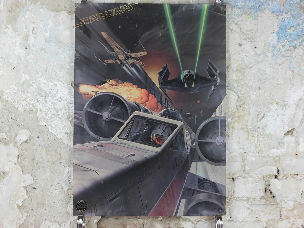 1977 Star Wars Poster, Death Star Trench attack run, Original Star Wars Fan Club, by Ralph McQuarrie, Luke Skywalker, wall art decor