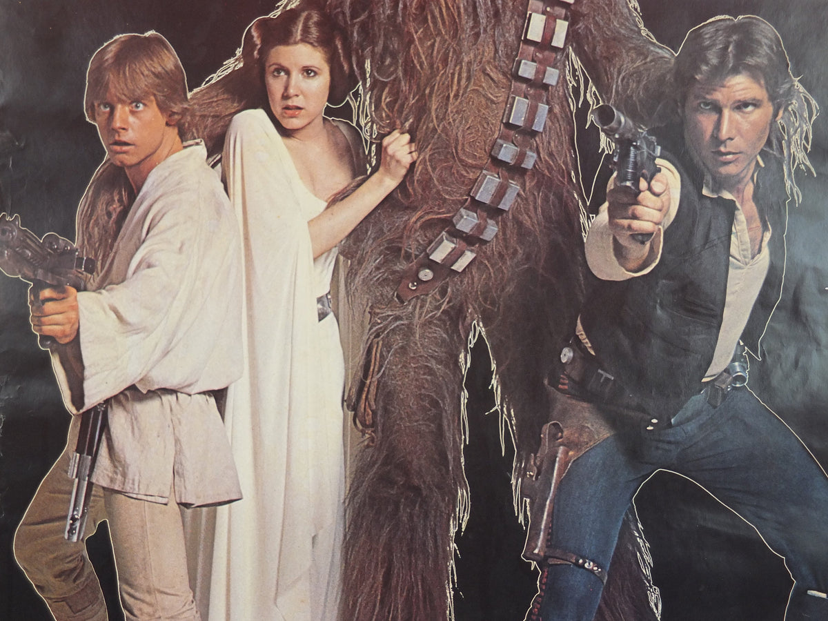 1977 Star Wars Poster, Luke Skywalker, Princess Leia, Chewbacca and Han Solo with blasters, by Scandecor 1783, Sweden, wall art decor