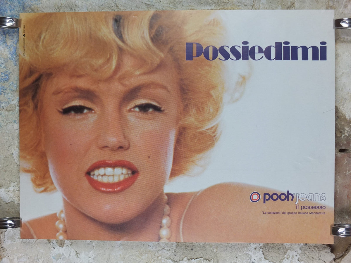 1980s Pooh Jeans Poster, Marilyn Monroe, Possiedimi, il possesso, own me, possession,  Italy style fashion, advertising retro wall art decor