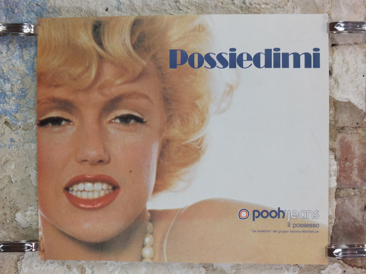 1983 Pooh Jeans Poster, Marilyn Monroe, Possiedimi, il possesso, own me, possession,  Italy style fashion, advertising retro wall art decor