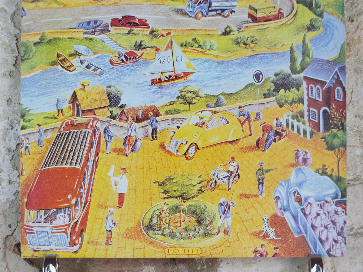 1974 Fiorucci rare Poster, Fioruccino, Italian town, river out to the sea in yellow, Italian fashion label, advertising retro wall art decor
