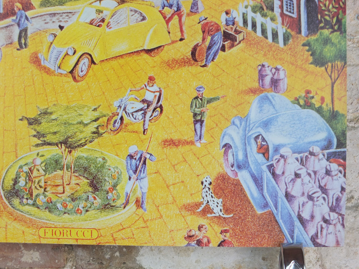 1974 Fiorucci rare Poster, Fioruccino, Italian town, river out to the sea in yellow, Italian fashion label, advertising retro wall art decor