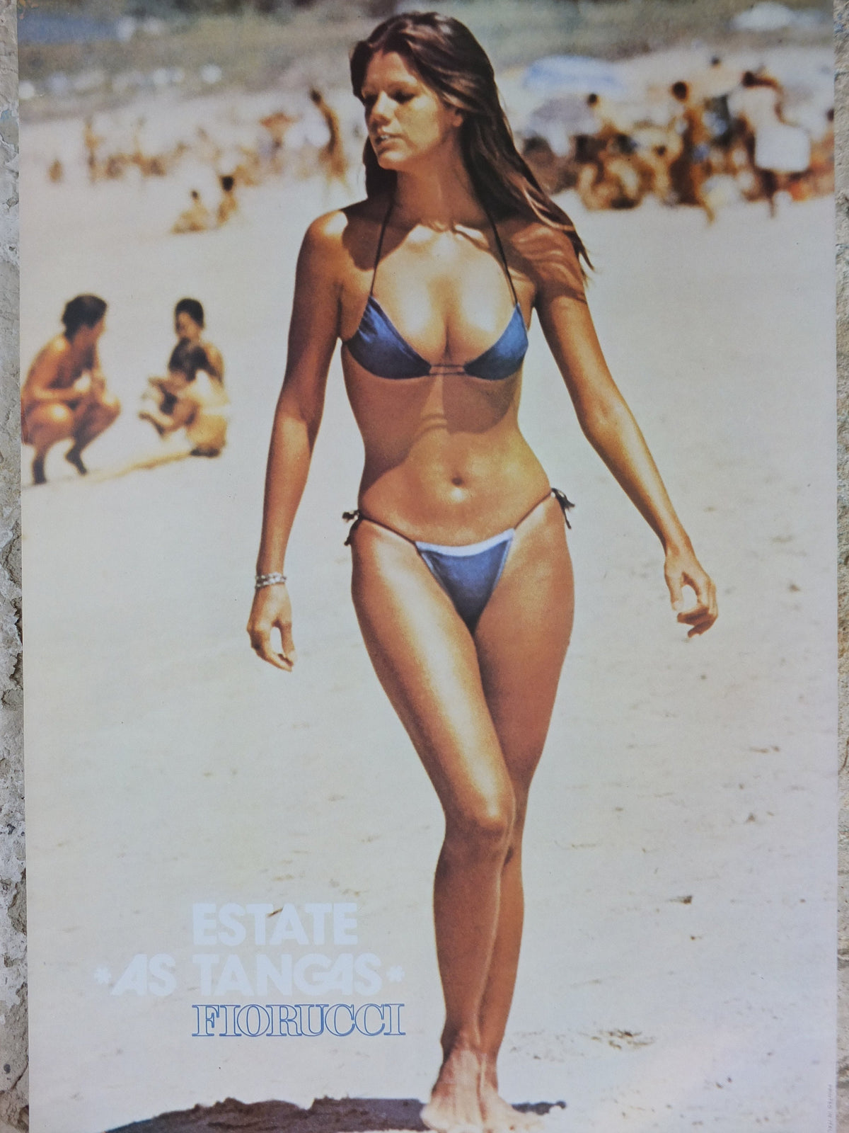 1980s Fiorucci rare Poster, beautiful woman in blue bikini, Summer, Estate as Targas, Italian fashion label advertising retro wall art decor