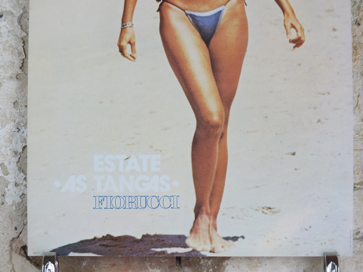 1980s Fiorucci rare Poster, beautiful woman in blue bikini, Summer, Estate as Targas, Italian fashion label advertising retro wall art decor