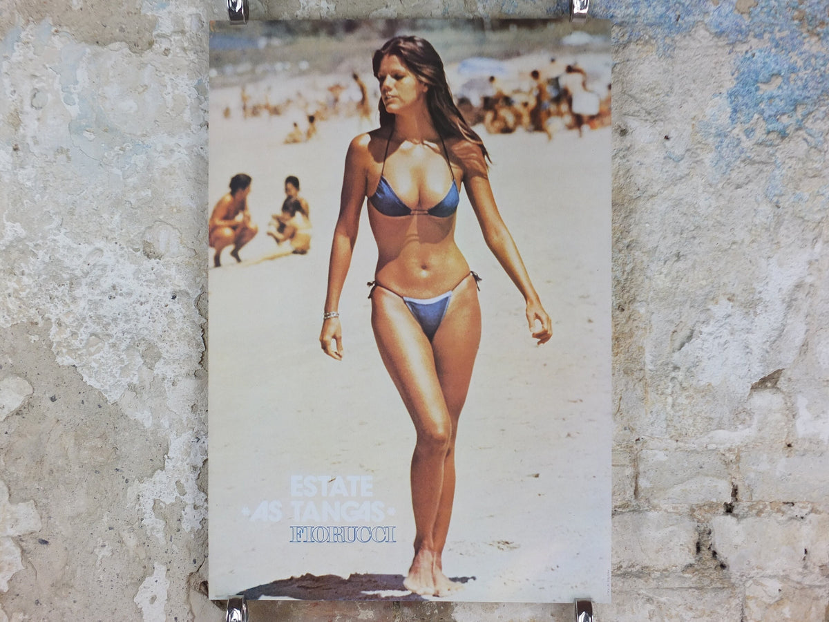 1980s Fiorucci rare Poster, beautiful woman in blue bikini, Summer, Estate as Targas, Italian fashion label advertising retro wall art decor