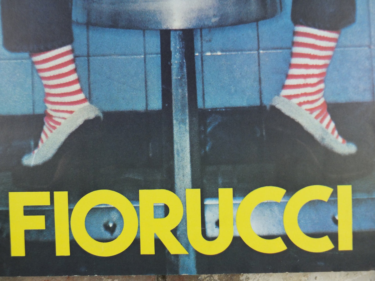 1980s Fiorucci rare Poster, Jeans spread on diner stool in red and white stripes, Italian fashion label, advertising retro wall art decor
